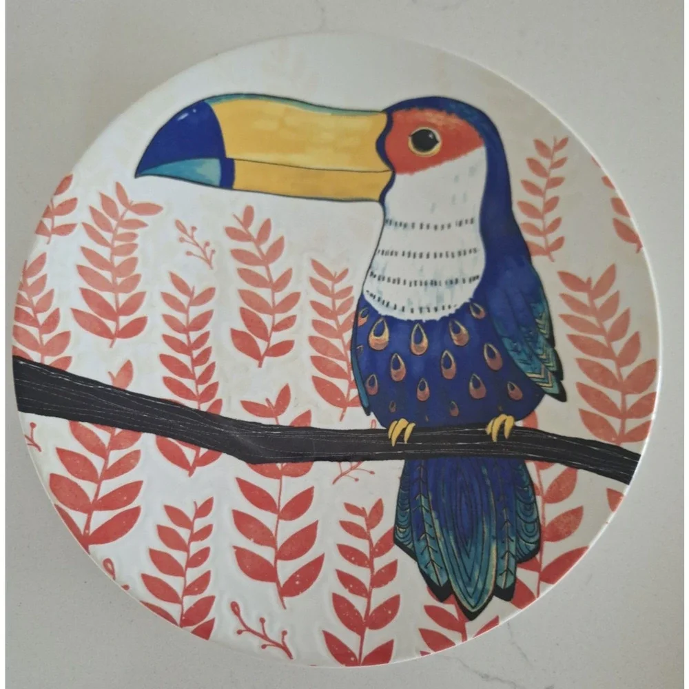 Pier 1 Tropical Birds 8” Salad Plates Set of 4 Colorful Stoneware Resort Style